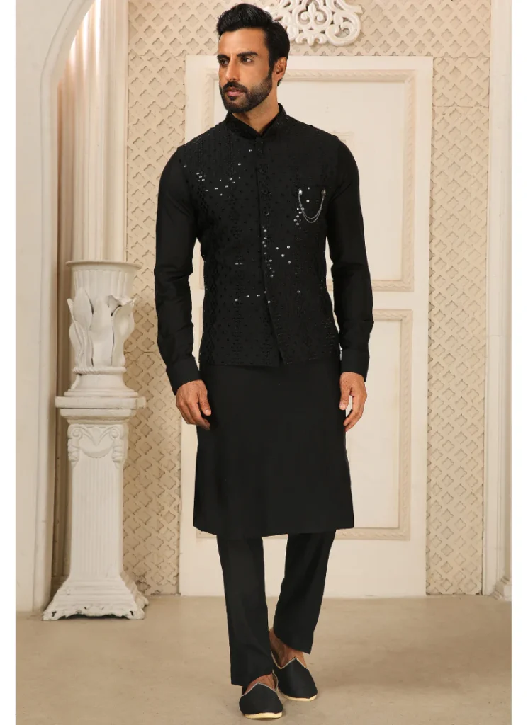 ArtSilkBlackKurtaPayjamaWithEmbroideryWorkMensJacket 745x1024
