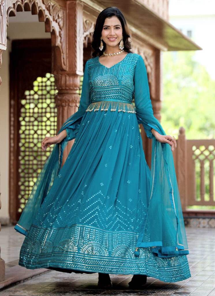 Blue Georgette Wedding Wear Sequins Work Gown With Dupatta MASAKALI 310003 745x1024