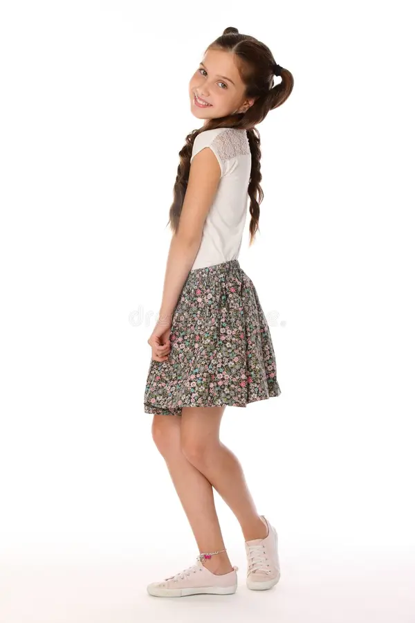 Beautiful Brunette Little Girl Years Old Posing Skirt Bare Legs Little Girl Years Old Posing Summer Clothes 112463313