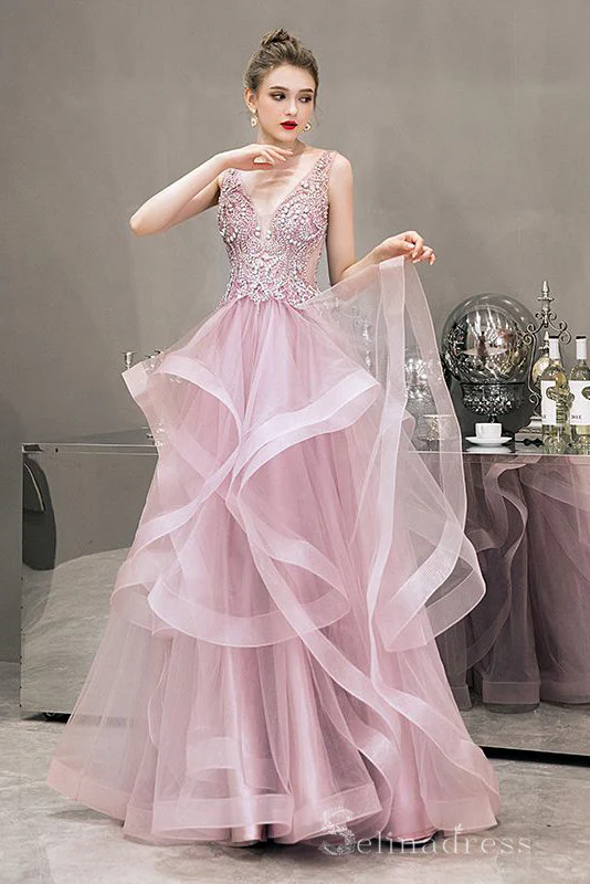 Blushing Pink Prom Dresses Floor Length Long Cascading Ruffles Lace Formal Dresses Sed204 580x