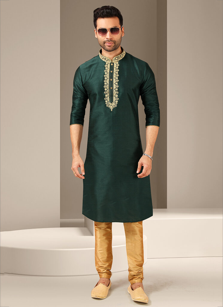 Dark Green Mirror And Machine Work Banarasi Art Silk Designer Kurta Pajama 172069 745x1024