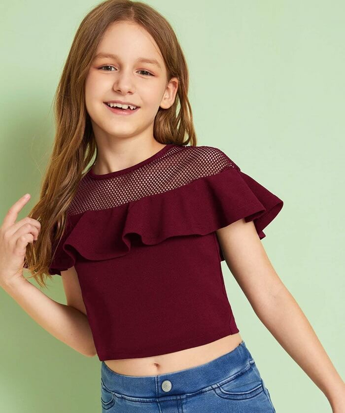 Milumia Girl Cute Mesh Ruffle Shoulder Crop Top
