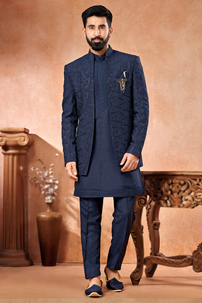 Navy Blue Silk Mens Kurta Pajama With Embroidered Jacket Mkpa06613 1 683x1024
