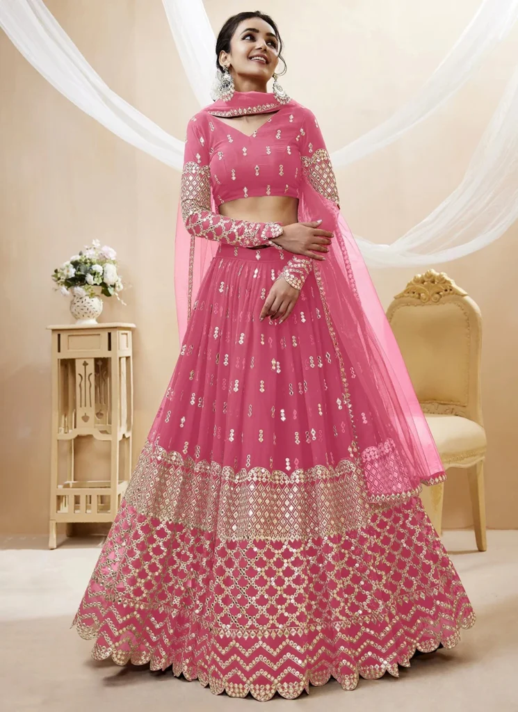 Sequins And Zari Work Georgette Party Wear Lehenga In Pink 1 745x1024