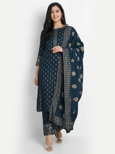 Women S Navy Blue Printed Cotton Kurta Set Collection 500x500 3